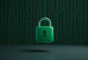 green padlock on matrix binary code background cyber security concept