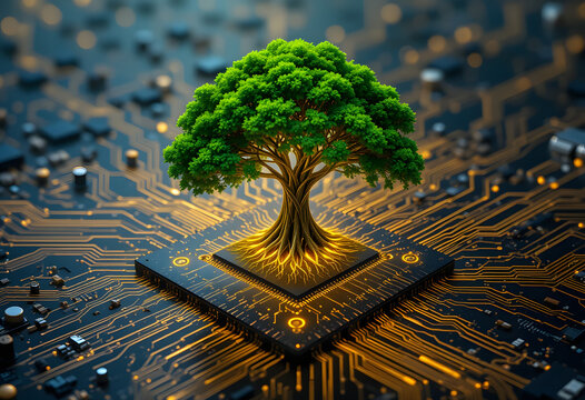 tree with golden roots on circuit board digital environment and technology concept
