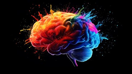Obraz premium A vibrant brain illustration with splatters of paint against a black background design concept art