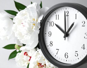 A clock showing ten o'clock sits beside a bouquet of white peonies against a light backdrop