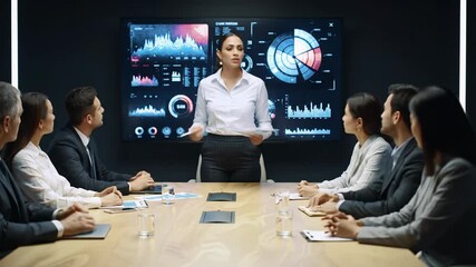 professional woman in business shirt leads presentation to diverse colleagues in modern conference room with large data screen. high-tech business meeting concept - Powered by Adobe
