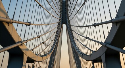 Obraz premium Modern Cable Stayed Bridge Structure Against a Clear Sky at Sunset.
