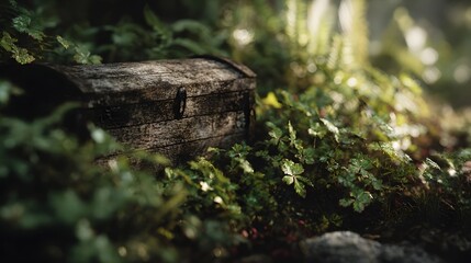 Obraz premium A weathered wooden treasure chest rests hidden amidst lush forest foliage bathed in d d sunlight