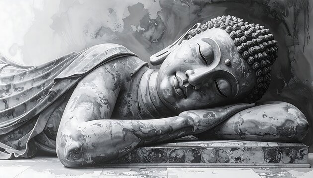 A serene, grayscale sculpture of a reclining figure with closed eyes rests on a stone base. The figure is draped in robes