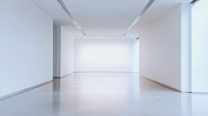 Modern white art gallery hallway with bright lights and reflective floor