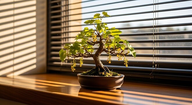 Bonsai tree on a windowsill with sunlight streaming through the blinds - Powered by Adobe