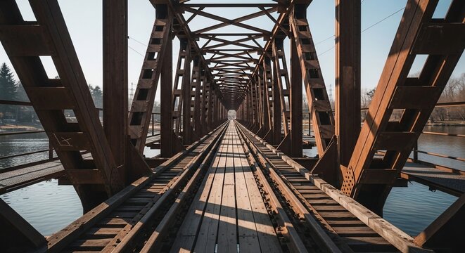 Old Rusty Railway Bridge Spanning a River Under a Clear Sky.