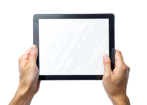 Hands holding digital tablet with blank white screen isolated on black background for mockup and advertisement templates