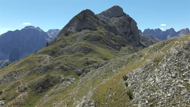A hike day to the Albanian Mountains up to the border of Montenegro follow by a drone during Autumn or late summer season