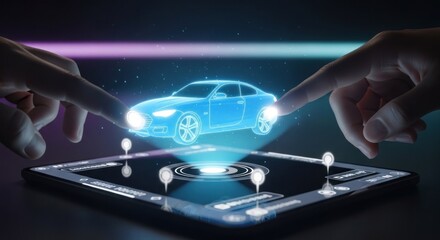 Holographic car design manipulated on a touchscreen by two hands