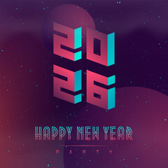 Happy New Year 2026. Image on the space theme. Abstract planets. Futuristic design poster with abstract elements in dark space. Applicable for covers, placards, music posters and dj flyers
