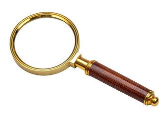 Magnifying glass with golden frame and wooden handle isolated on black background for search and investigation concept
