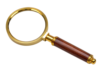 Magnifying glass with golden frame and wooden handle isolated on black background for search and investigation concept