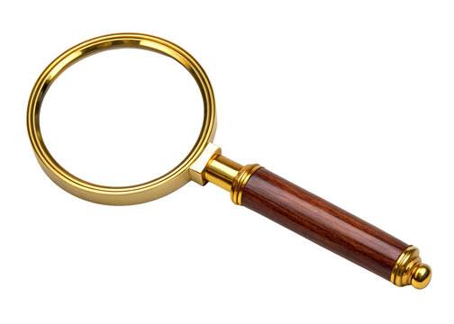 Magnifying glass with golden frame and wooden handle isolated on black background for search and investigation concept