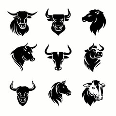 Bull and horse heads, black and white graphic icons