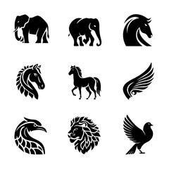 Silhouette animal icons elephant, horse, eagle, lion, dove, wing