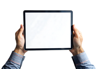 Man holding a tablet with a blank white screen for mockup and design purposes with professional studio lighting and black background
