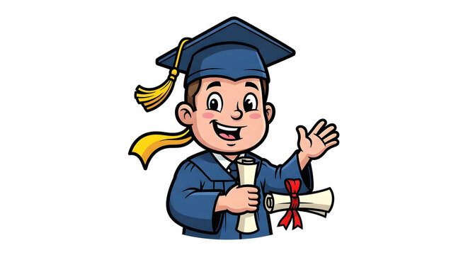 Excited graduate in cap and gown waves with diploma, celebrating academic achievement and future success