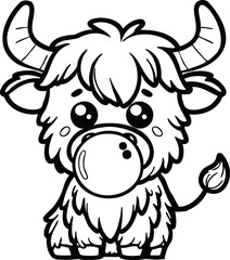 Cute highland cow blowing bubble gum, black and white vector illustration, adorable animal line art with playful expression and minimalist composition with copy space
