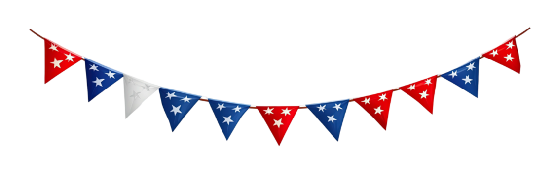 Festive garland with red, white, and blue triangle flags and stars