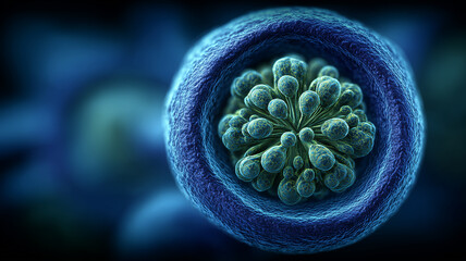 Encapsulated organoid with budding structures illustrating morphogenesis development and self organizing biology for advanced biomedical research.
