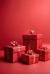 Obraz premium Christmas trees with red and gold gift boxes on red background, festive holiday decoration concept.