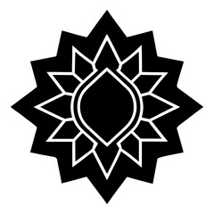 Geometric black and white mandala design with intricate petal shapes and central oval