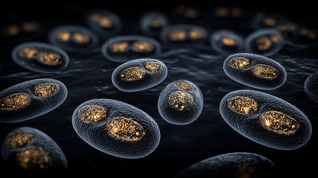 A detailed microorganism division concept showing oval protists reproducing in liquid to illustrate binary fission replication 