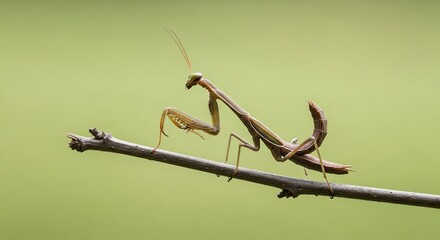 Praying Mantis Perched on a Thin Branch Against a Soft Green Background.