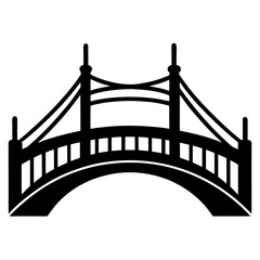 Black silhouette of a suspension bridge with a curved deck and ornate railing on a white background