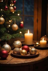 Cozy Christmas fireplace with candles and holiday decorations, warm festive winter interior.