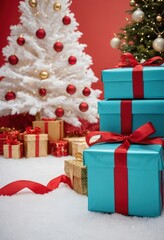 Blue gift boxes with orange ribbons and Christmas tree on red background, festive holiday decoration scene.