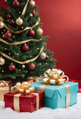 Blue gift boxes with orange ribbons and Christmas tree on red background, festive holiday decoration scene.