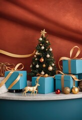Blue gift boxes with orange ribbons and Christmas tree on red background, festive holiday decoration scene.
