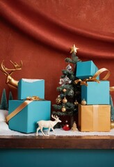 Blue gift boxes with orange ribbons and Christmas tree on red background, festive holiday decoration scene.