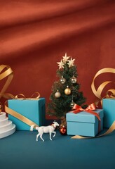 Blue gift boxes with orange ribbons and Christmas tree on red background, festive holiday decoration scene.