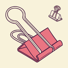 Red binder clip and paper clip office stationery vector icon with shadow on an abstract background illustration.