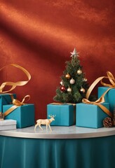 Blue gift boxes with orange ribbons and Christmas tree on red background, festive holiday decoration scene.