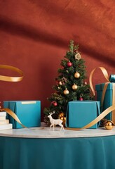 Blue gift boxes with orange ribbons and Christmas tree on red background, festive holiday decoration scene.