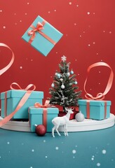 Blue gift boxes with orange ribbons and Christmas tree on red background, festive holiday decoration scene.