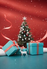 Blue gift boxes with orange ribbons and Christmas tree on red background, festive holiday decoration scene.