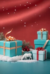 Blue gift boxes with orange ribbons and Christmas tree on red background, festive holiday decoration scene.