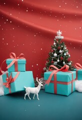 Blue gift boxes with orange ribbons and Christmas tree on red background, festive holiday decoration scene.