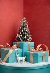 Blue gift boxes with orange ribbons and Christmas tree on red background, festive holiday decoration scene.