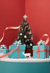 Blue gift boxes with orange ribbons and Christmas tree on red background, festive holiday decoration scene.