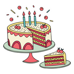 A cartoon vector illustration of a sweet chocolate cream birthday cake with happy party candles and colourful holiday decoration.