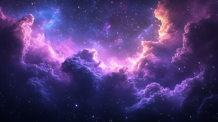 A celestial vista of purple clouds and stars in a vibrant and colorful cosmic space background view