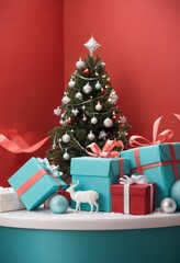 Blue gift boxes with orange ribbons and Christmas tree on red background, festive holiday decoration scene.