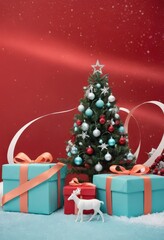 Blue gift boxes with orange ribbons and Christmas tree on red background, festive holiday decoration scene.