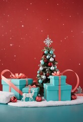 Blue gift boxes with orange ribbons and Christmas tree on red background, festive holiday decoration scene.
